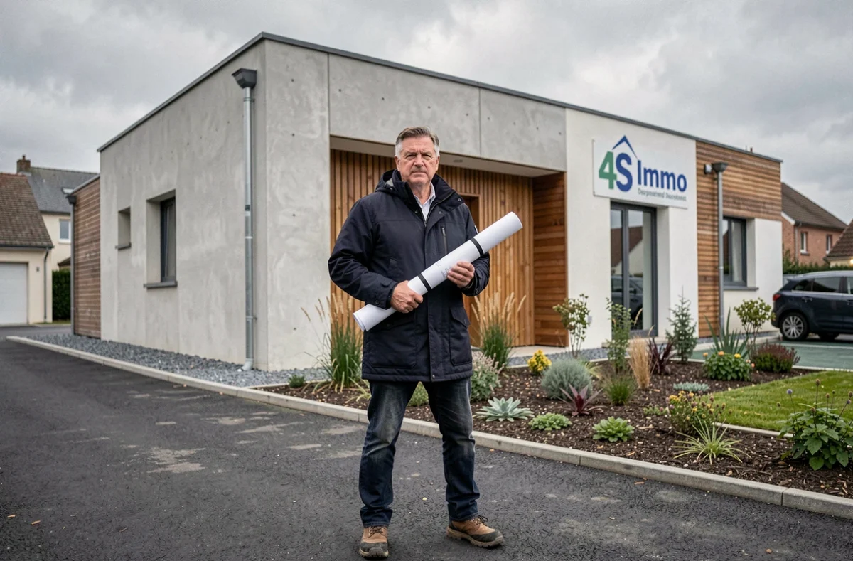 Architecte-promoteur de 4S Immo Aménageur Promoteur Constructeur devant une résidence neuve en bardage bois dans une ville de Bourgogne-Franche-Comté