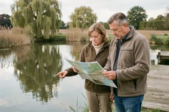 Couple examinant des documents pour l'achat d'un étang entre particuliers en milieu rural