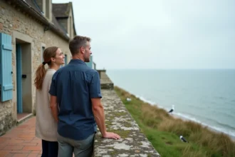 Couple devant une maison normande en pierre avec vue sur la mer en Normandie
