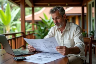 Expatrié occidental étudiant des documents immobiliers pour acheter une maison en Thaïlande à petit prix sans crédit bancaire local