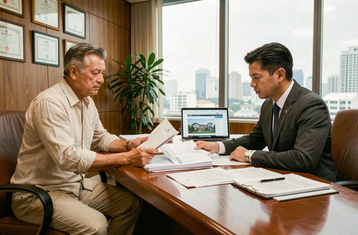 Acheteur étranger et notaire thaïlandais examinant les documents de revente d'un condominium en Thaïlande