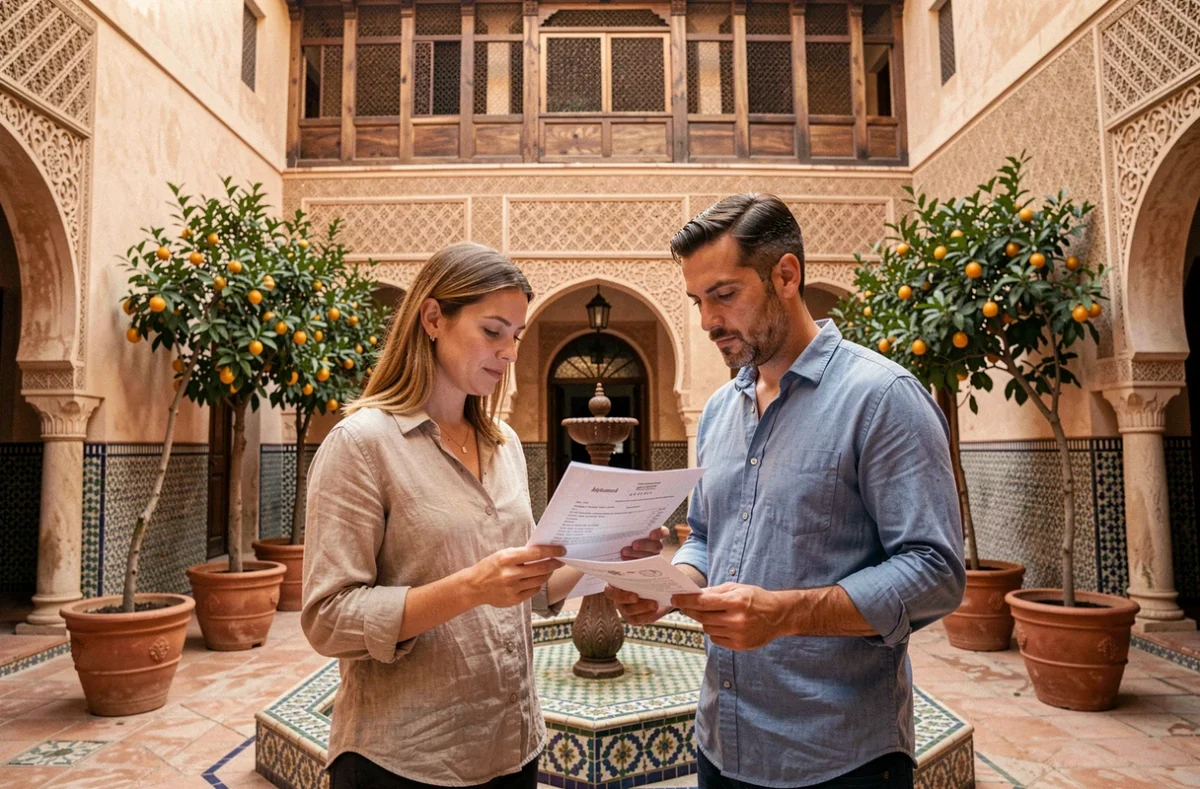 Couple d'acheteurs consultant les titres de propriété d'un riad authentique dans une cour intérieure à Marrakech avec fontaine en mosaïque