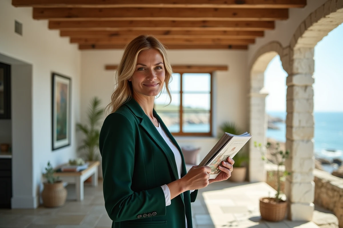 Agent immobilier présentant une maison normande rénovée avec vue mer