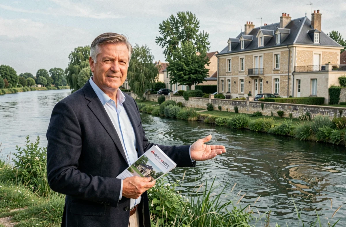 Un agent de l'Agence de l'Oise Immobilier au bord de l'Oise à Venette avec une propriété en arrière-plan