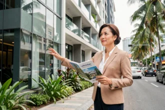 Agent immobilier thaïlandaise présentant un condominium moderne à Bangkok pour une revente immobilière