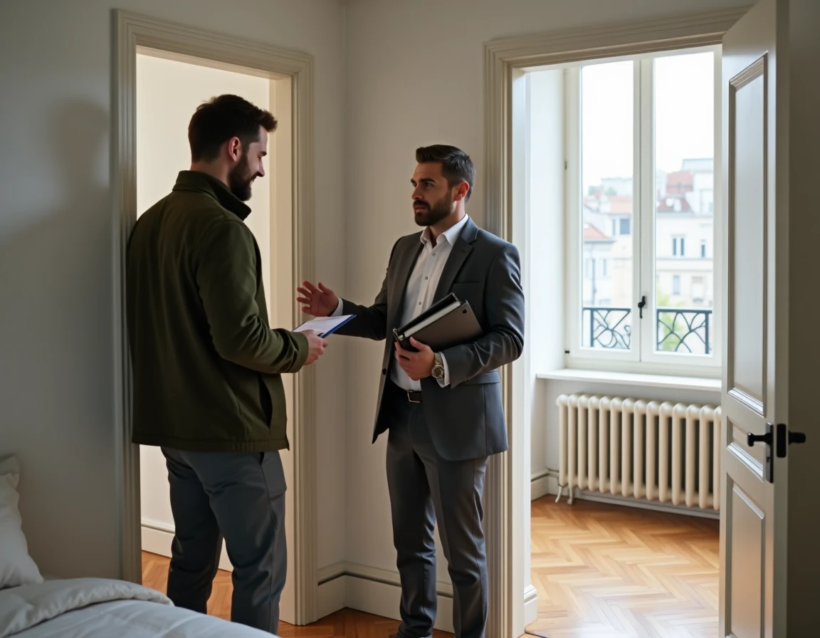 Agent immobilier présentant la configuration des deux chambres séparées d'un appartement T3