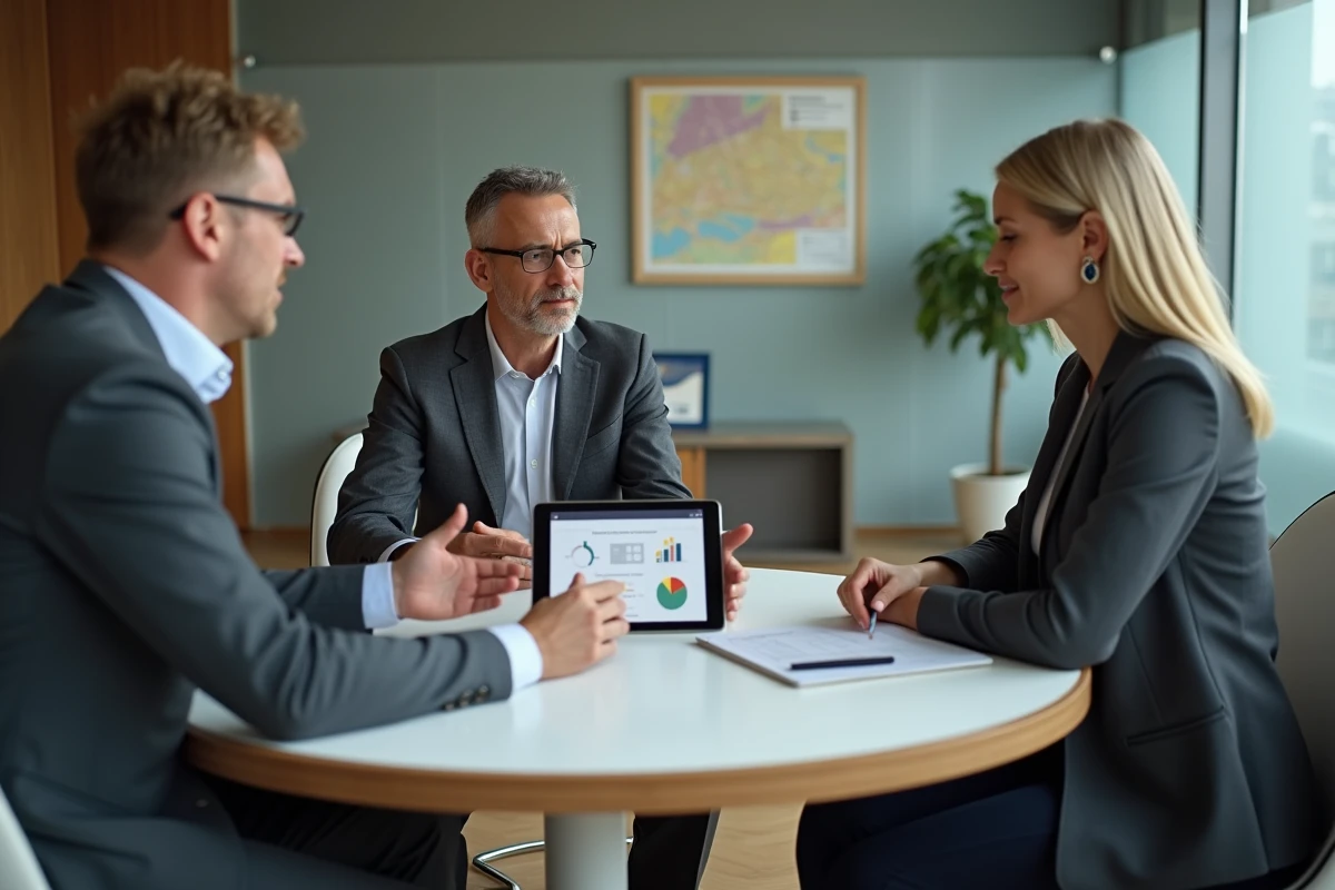 Agent immobilier présentant un outil d'estimation en ligne à des clients dans une agence immobilière moderne