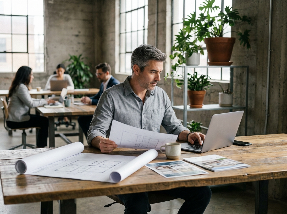 Agent immobilier indépendant travaillant sur des plans et annonces dans un espace de coworking moderne
