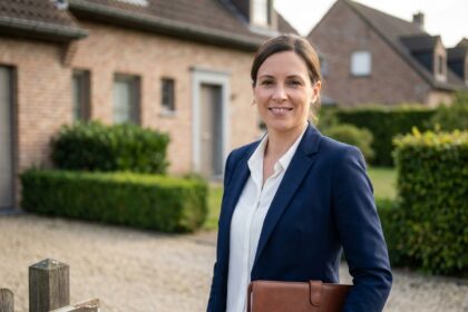 Agent immobilière indépendante souriante devant une maison à vendre en banlieue résidentielle