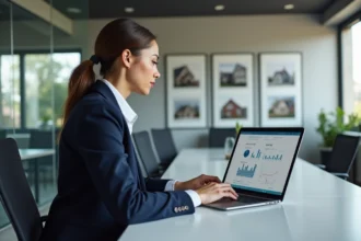 Agent immobilier femme utilisant un logiciel d'estimation immobilière sur ordinateur portable dans une agence moderne