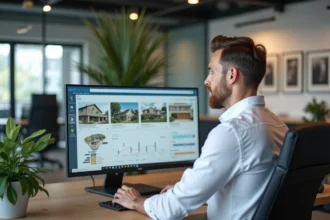 Agent immobilier utilisant un logiciel de gestion immobilière sur ordinateur dans une agence moderne