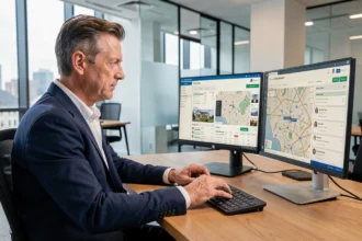 Agent immobilier masculin utilisant un logiciel de prospection immobilière sur double écran dans une agence moderne