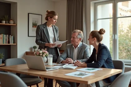 Agent immobilier en discussion avec un couple dans un appartement lyonnais