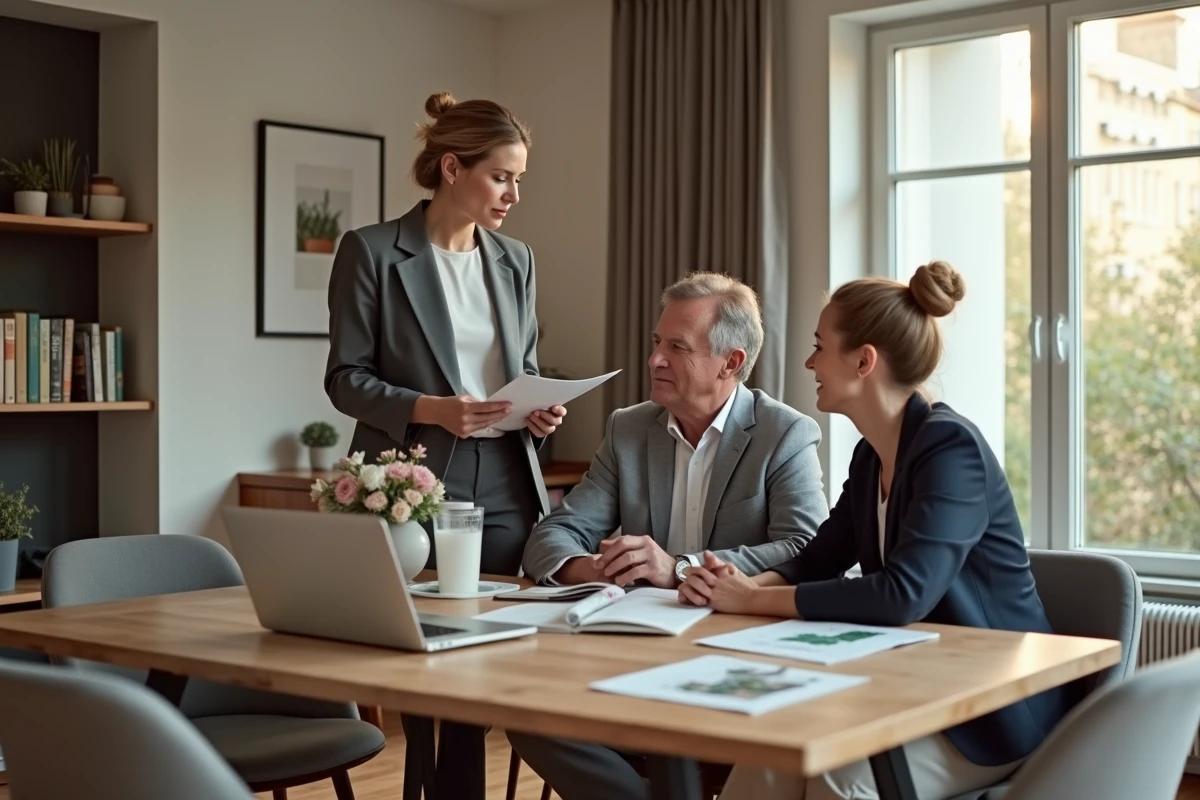 Agent immobilier en discussion avec un couple dans un appartement lyonnais