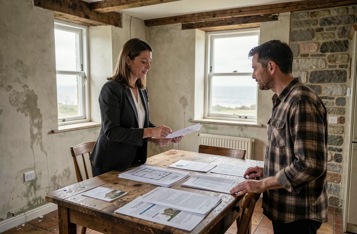 Agent immobilier présentant les documents d'achat d'une maison normande en bord de mer à un acquéreur potentiel