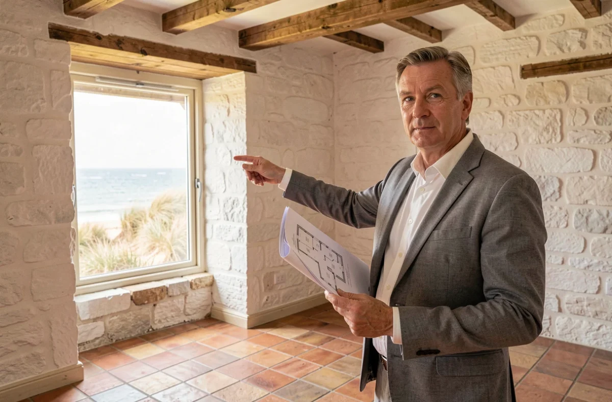 Agent immobilier présentant un bien côtier normand avec vue mer depuis le salon