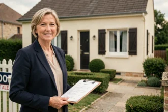 Agent immobilier devant une maison à vendre en Seine-et-Marne, panneau de vente visible, contexte de vente urgente cause divorce