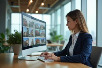 Agent immobilier optimisant une annonce immobilière sur ordinateur dans un bureau moderne