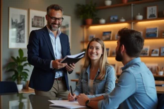 Agent immobilier discutant avec un couple dans un bureau élégant