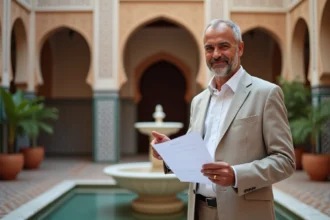 Agent immobilier marocain dans un riad de Marrakech tenant un document de vente, entouré de zellige et d'une fontaine centrale