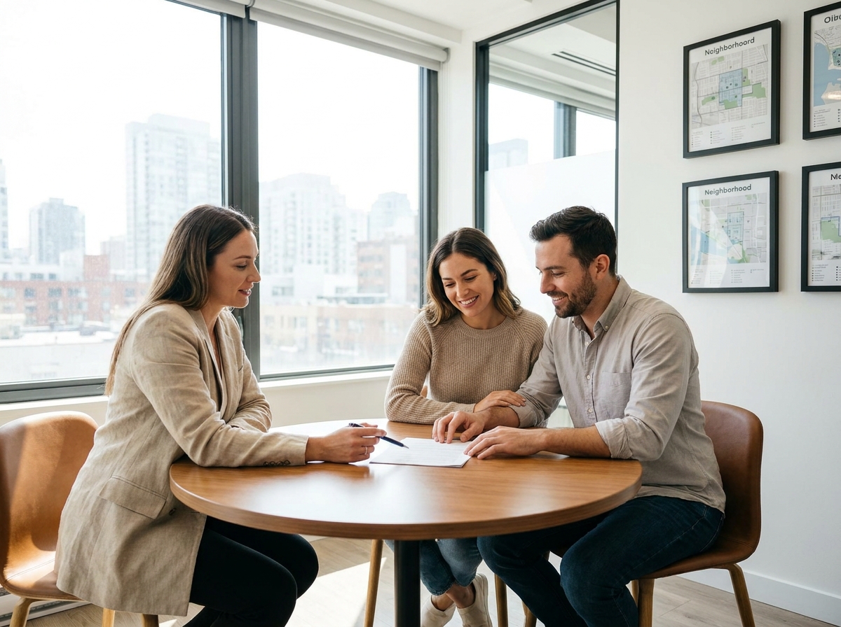 Agent immobilière indépendante en réunion avec des clients pour la signature d'un contrat immobilier