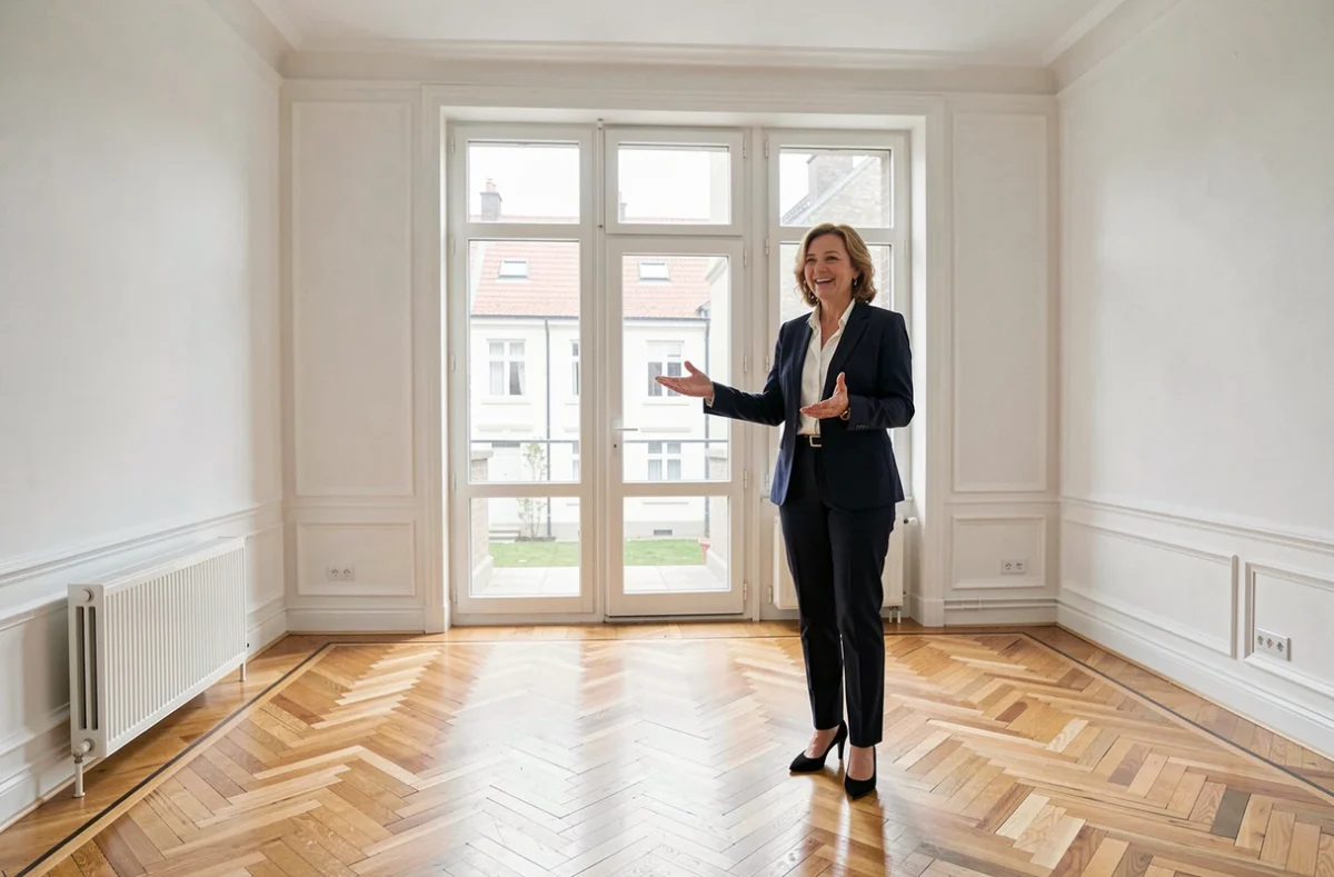 Une agente immobilière présentant un appartement vide avec parquet en chevrons à un acheteur potentiel dans le cadre d'une location-vente
