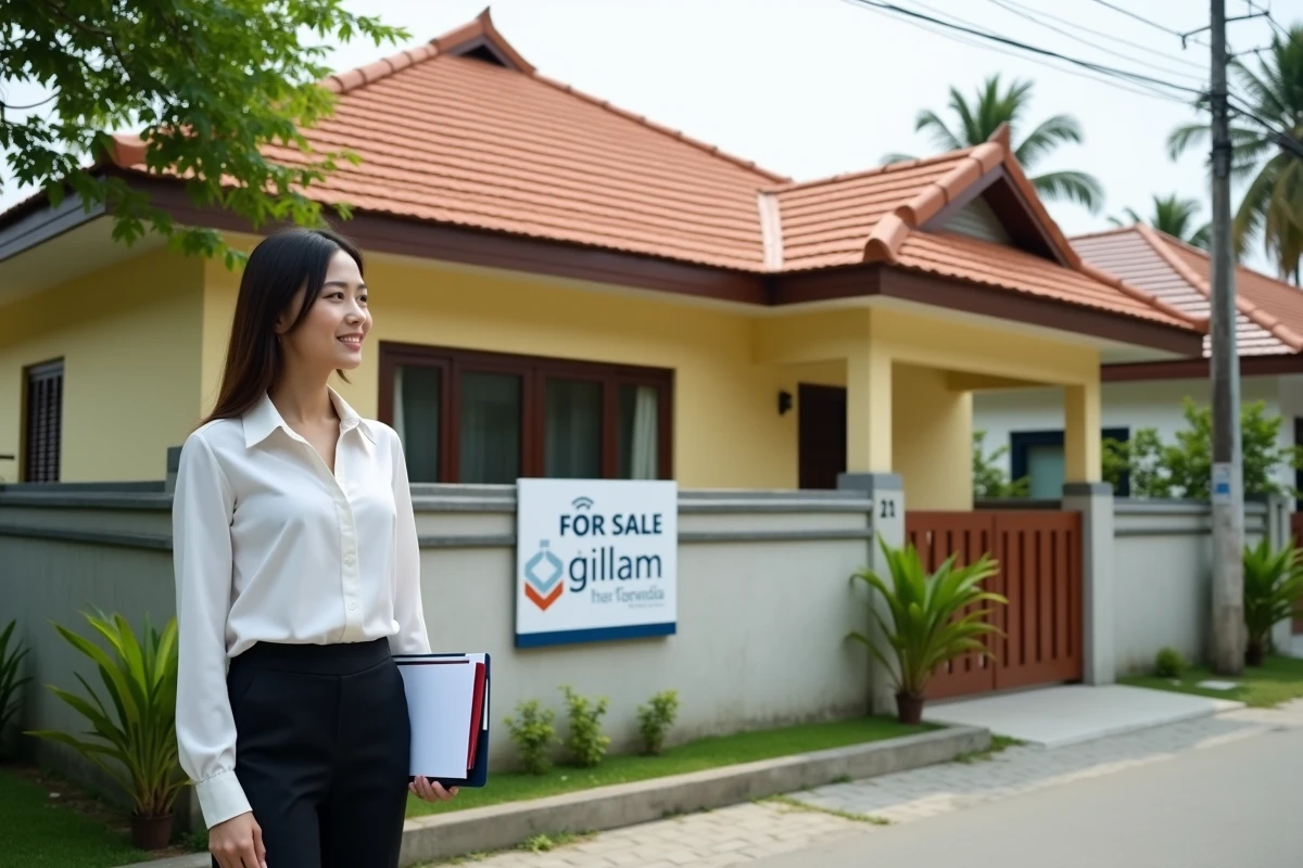 Agente immobilière thaïlandaise présentant une maison abordable à vendre en Thaïlande pour un achat sans financement bancaire classique