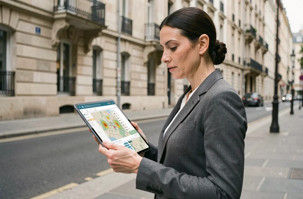 Agente immobilière consultant une application de prospection sur tablette devant des immeubles résidentiels en ville