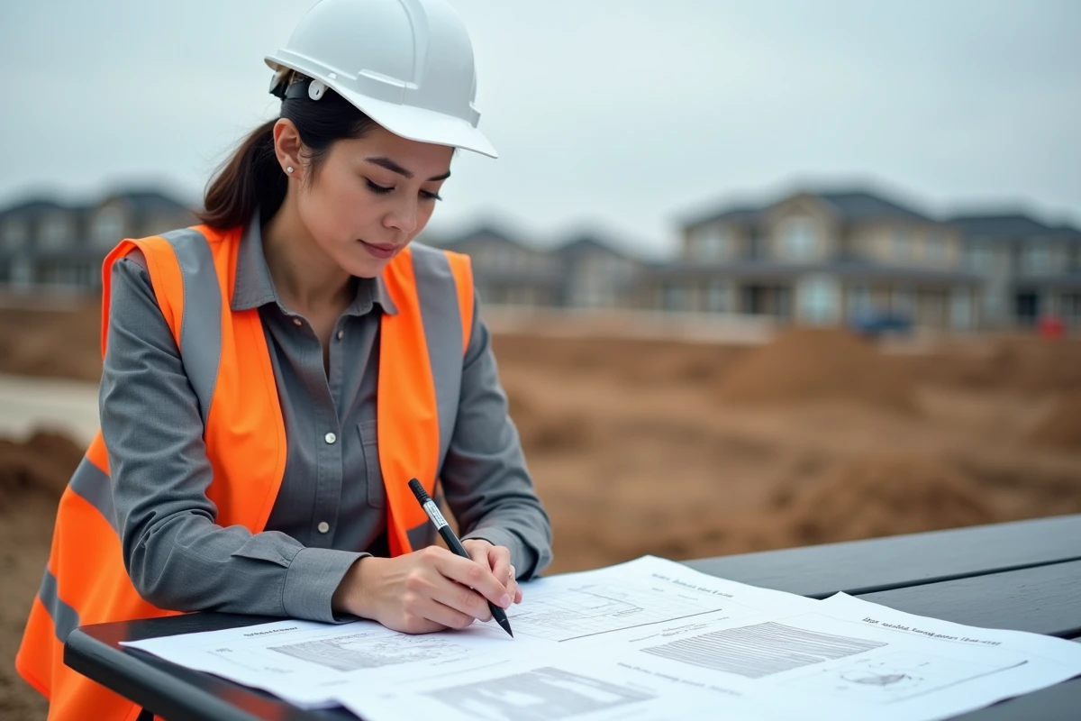 Chef de projet analysant les devis et rapports d'étude de sol sur un chantier de lotissement