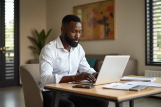 Homme d'affaires travaillant sur un ordinateur portable dans un appartement meublé en location courte durée à Abidjan