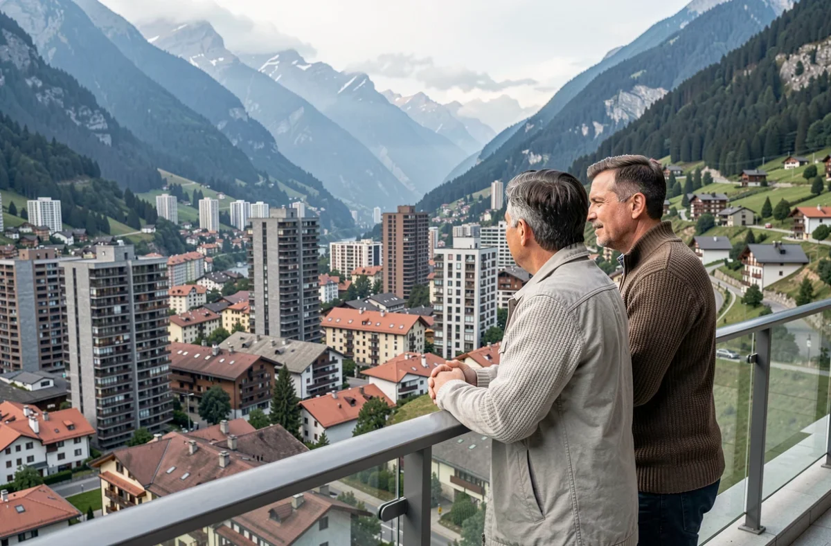 Couple sur le balcon d'un appartement avec vue panoramique sur la ville et les montagnes d'Andorre