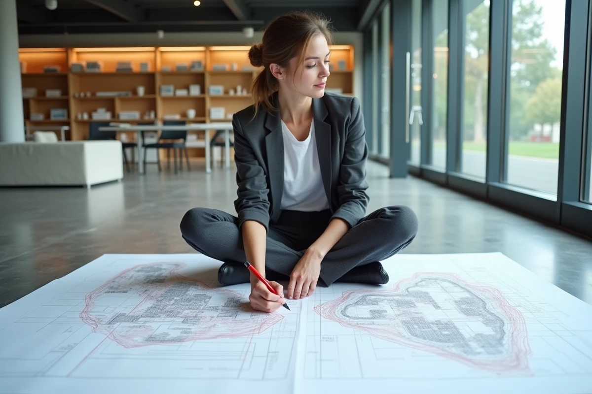 Architecte annotant des plans de coupe de terrain étalés sur le sol d'un bureau lumineux