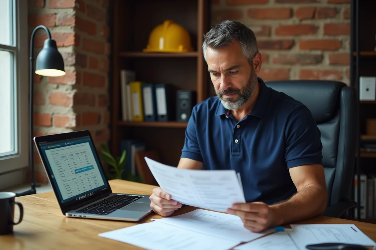 Artisan entrepreneur analysant des devis de rénovation sur son bureau avec ordinateur portable et documents imprimés