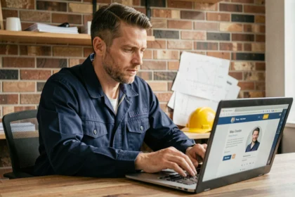 Artisan du bâtiment optimisant son profil professionnel sur une plateforme de chantiers depuis son bureau à domicile