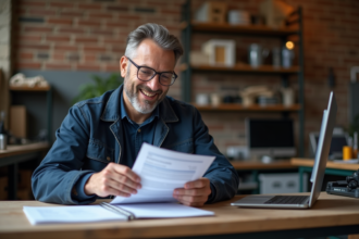 Artisan homme vérifiant un document d'assurance dans son atelier