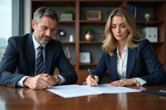 Avocat et jeune femme examinant un contrat dans un bureau moderne