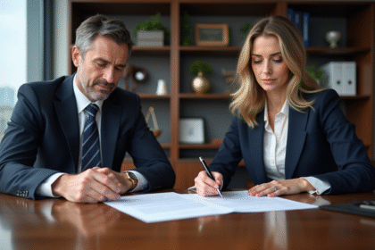 Avocat et jeune femme examinant un contrat dans un bureau moderne