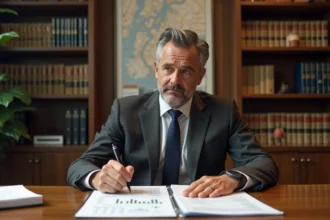 Avocat spécialisé en baux commerciaux révisant un indice du coût de la construction sur des documents imprimés dans un bureau professionnel