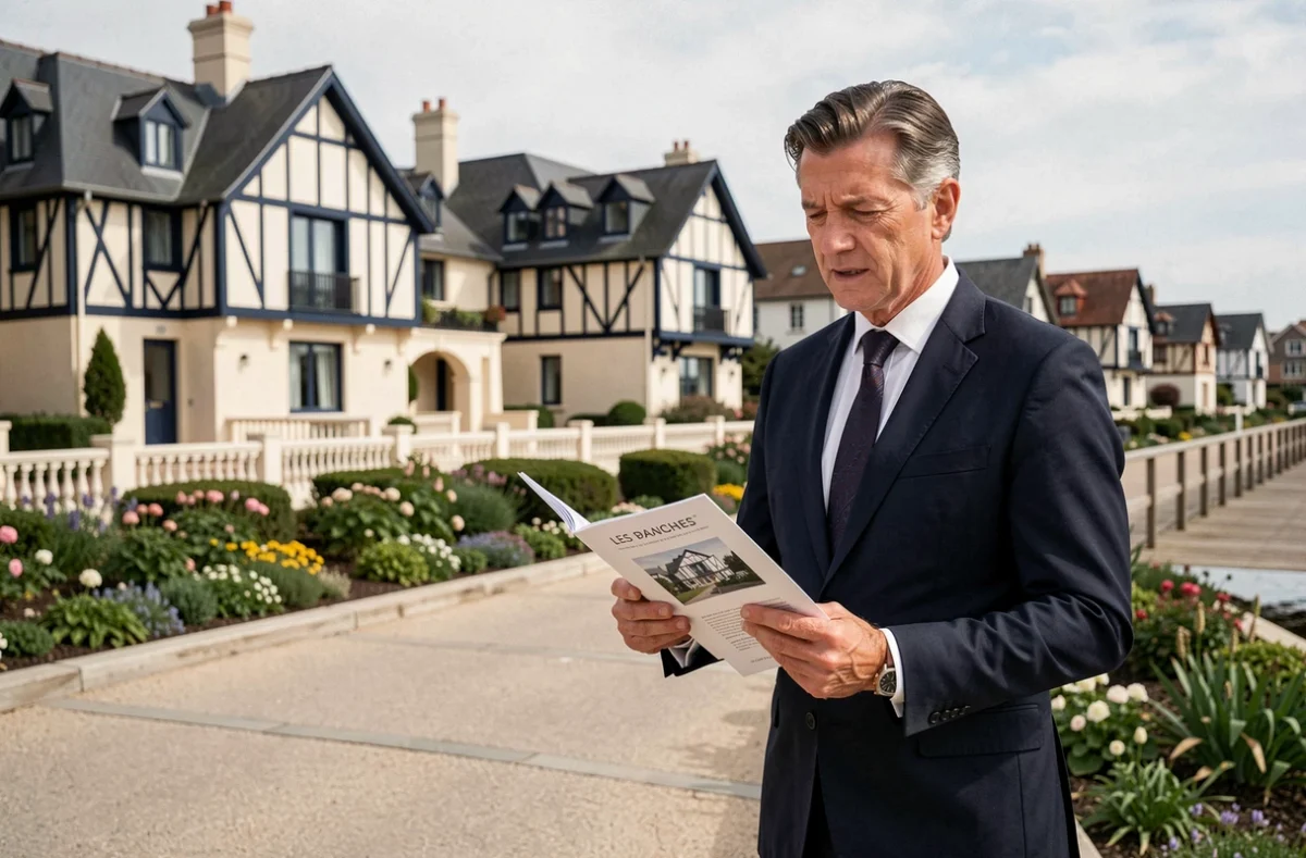 Agent immobilier BARNES Deauville en costume sur la promenade des Planches avec les villas normandes en arrière-plan