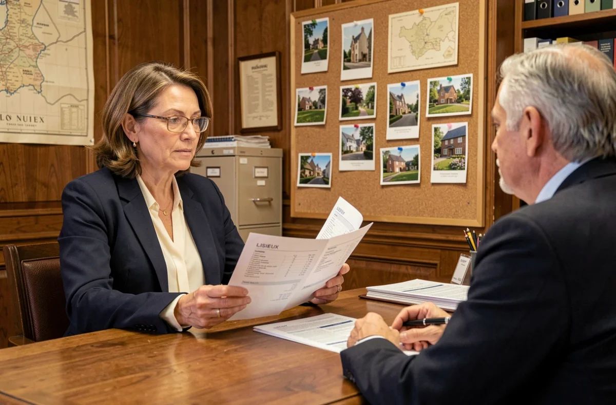 Agente de la Bourse de l'Immobilier Lisieux en consultation avec un client dans le bureau de l'agence