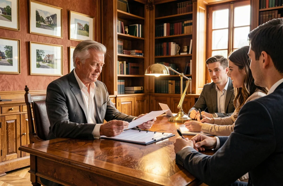 Directeur du Cabinet Faudais en réunion avec des clients dans un bureau en bois traditionnel