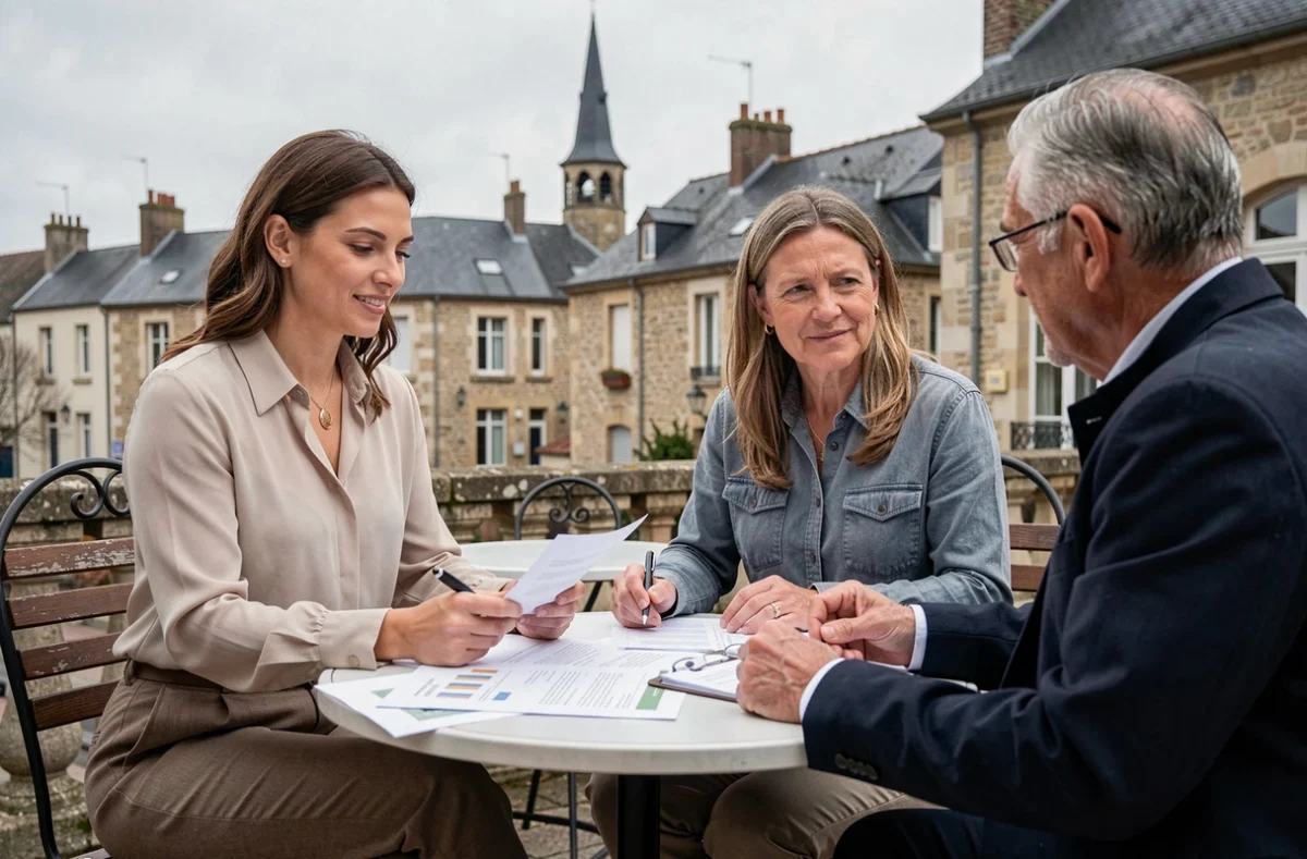 Une conseillère Capifrance en rendez-vous client à une terrasse de café dans le secteur de Clermont