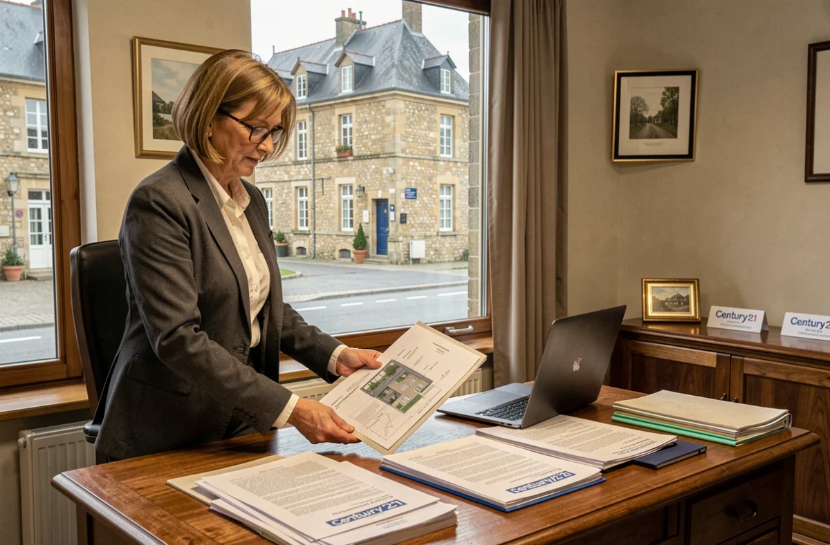 Une agente Century 21 Agence de la Mairie consulte un dossier immobilier dans son bureau de Senlis