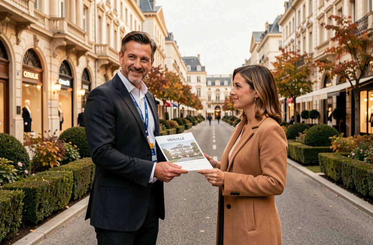 Agent Century 21 Deauville présentant un dossier de villa à une cliente sur le boulevard principal de Deauville