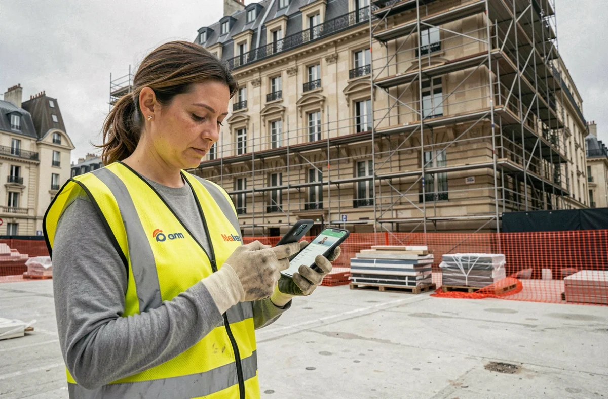 Femme cheffe de chantier consultant son profil sur une application de mise en relation à Paris sur un chantier actif