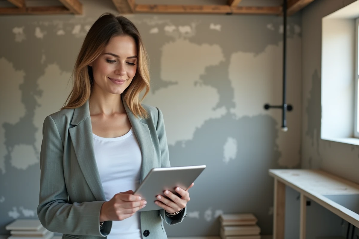 Femme cheffe d'entreprise consultant un tableau de bord de marges sur tablette dans un chantier de rénovation