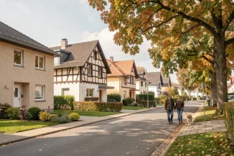 Vue d'une rue résidentielle alsacienne avec des maisons individuelles neuves mêlant architecture traditionnelle et moderne dans le Bas-Rhin