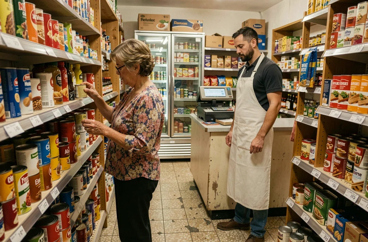 Commerce de proximité dans le quartier nord de Villeneuve-Saint-Georges avec une cliente examinant des produits en épicerie