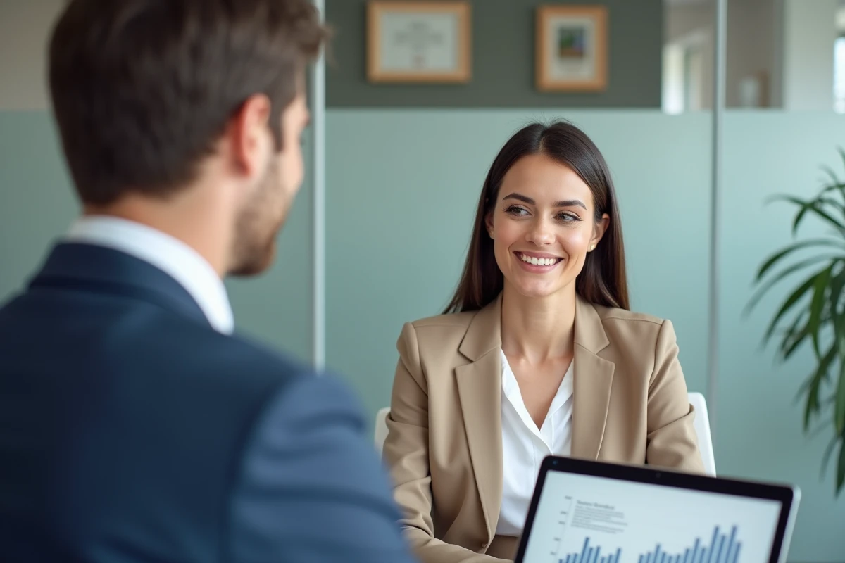 Propriétaire et conseiller comparant des offres d'assurance loyer impayé dans une agence