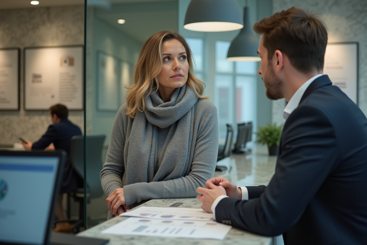 Femme discutant avec conseiller bancaire dans une agence